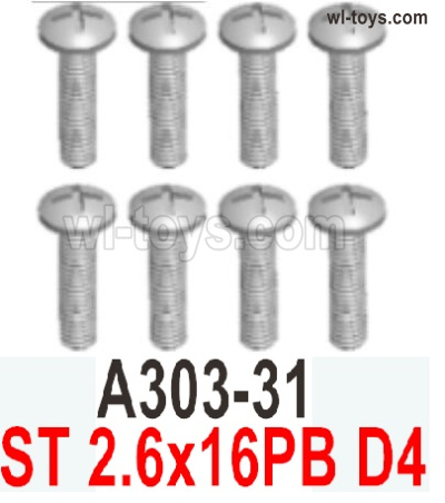Wltoys 104019 Screws Parts A303-31 ST 2.6x16PB D4 Phillips round head self-tapping screws.Wltoys 104019 1/10 Parts, Wltoys 104019 RC Car Accessories.