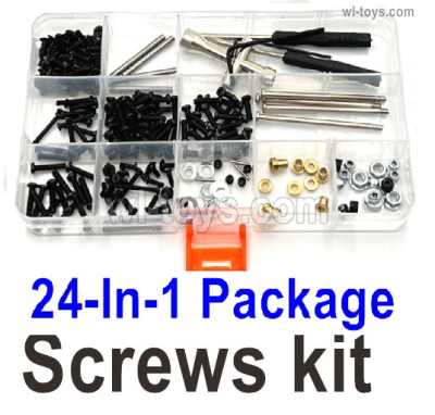 Wltoys 104072 Upgrade Parts Screws Assembly kit Parts. Include most of the Screws, Screws driver, Pins, Nut, etc.Wltoys 104072 1/10 Parts, Wltoys 104072 RC Car Accessories.