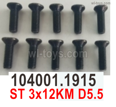 Wltoys 104072 Screws Parts Phillips countersunk head machine screws.104001.1915-ST 3x12KM D5.5.Total 10pcs.Wltoys 104072 1/10 Parts, Wltoys 104072 RC Car Accessories.