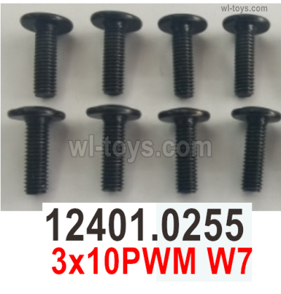 Wltoys 104072 Screws Parts Phillips pan head with intermediary machine screws-12401.0255-3x10PWM W7.Total 8pcs.Wltoys 104072 1/10 Parts, Wltoys 104072 RC Car Accessories.