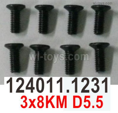 Wltoys 104072 Screws Parts Phillips countersunk head machine screws-124011.1231-3x8KM D5.5.Total 8pcs.Wltoys 104072 1/10 Parts, Wltoys 104072 RC Car Accessories.